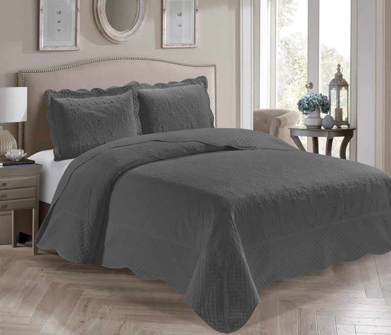 Home Collection 3 Piece Over Size Embossed Solid Color Coverlet Bedspread New # Veronica (Charcoal, King/California King) - Image 1